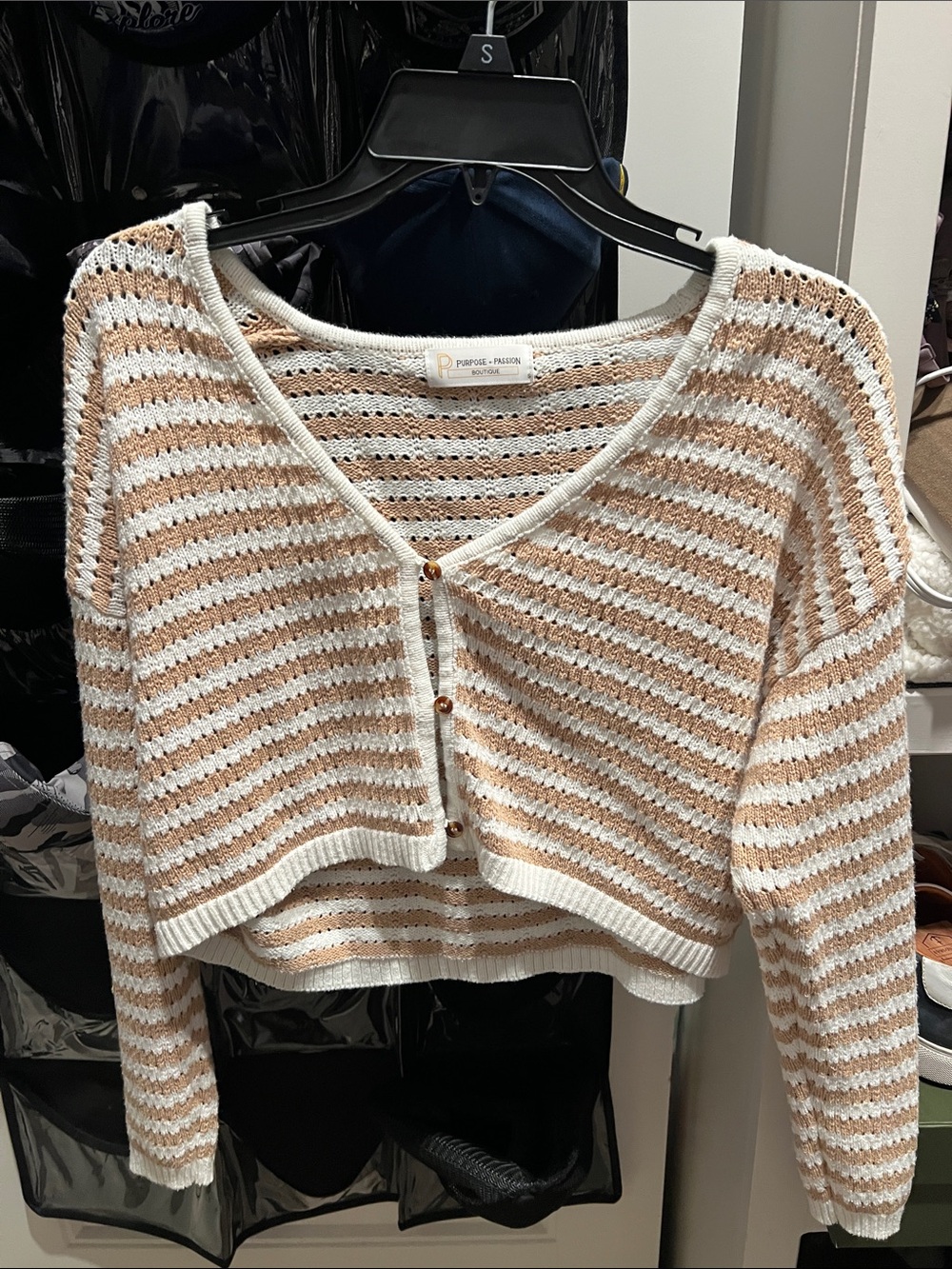 Striped Cropped Button Cardigan - White & Tan